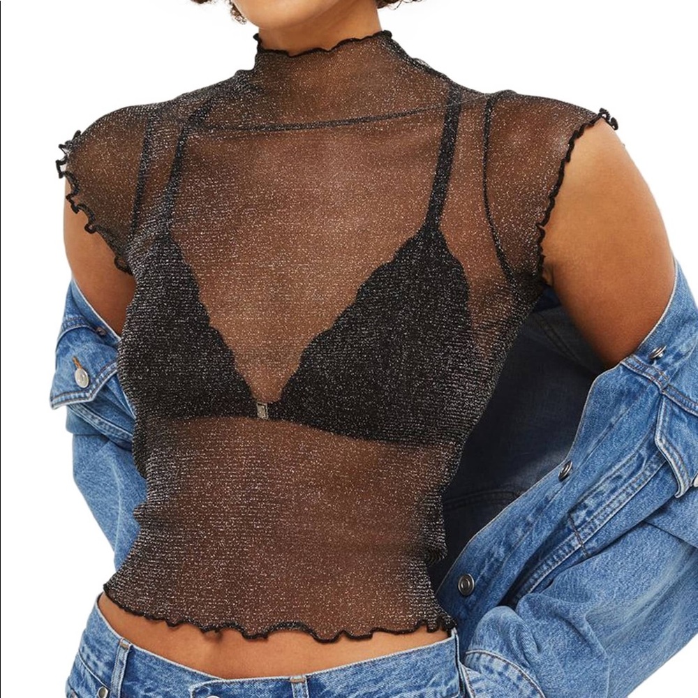 Topshop Lettuce Edge Metallic Sheer Top